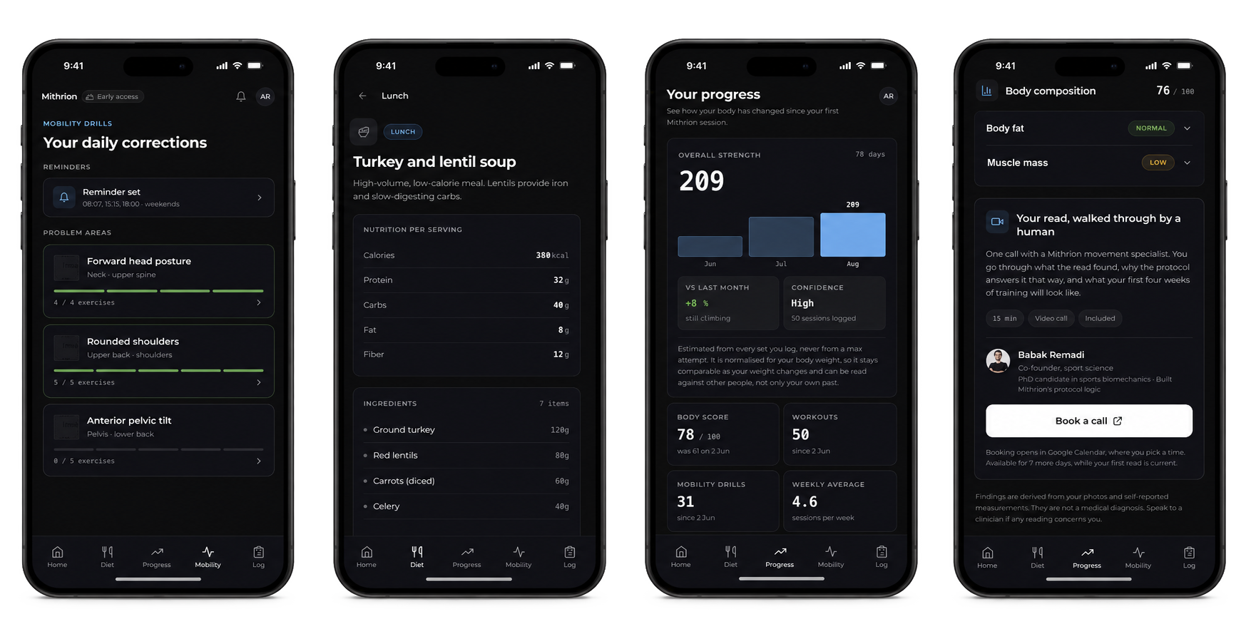 Four redesigned Mithrion screens showing mobility corrections, nutrition guidance, progress tracking, and body composition support