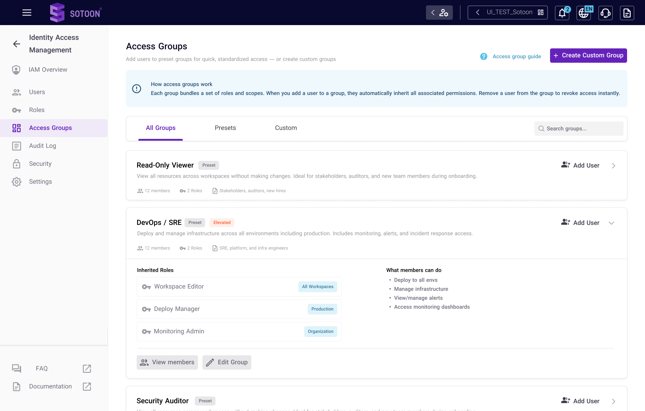 Redesigned Sotoon IAM user and group management screens