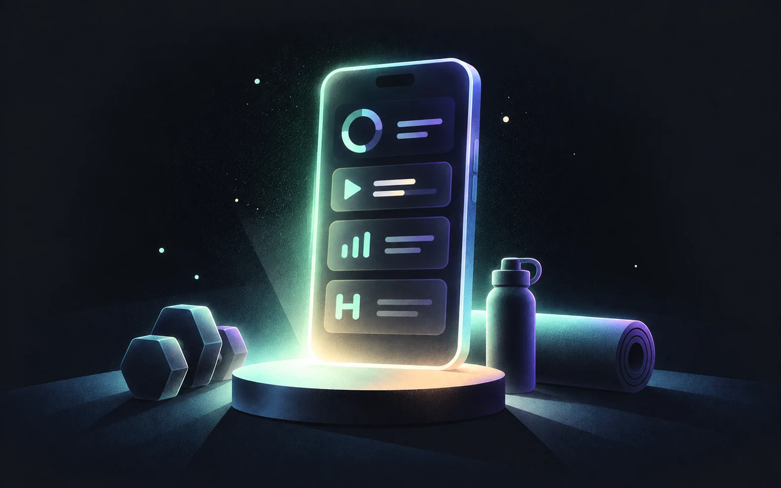 Glowing fitness app beside weights and an exercise mat